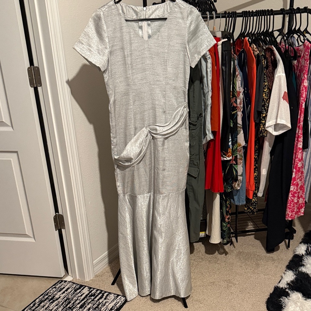 Silver Metallic Short Sleeve Maxi Dress with Draped Detail